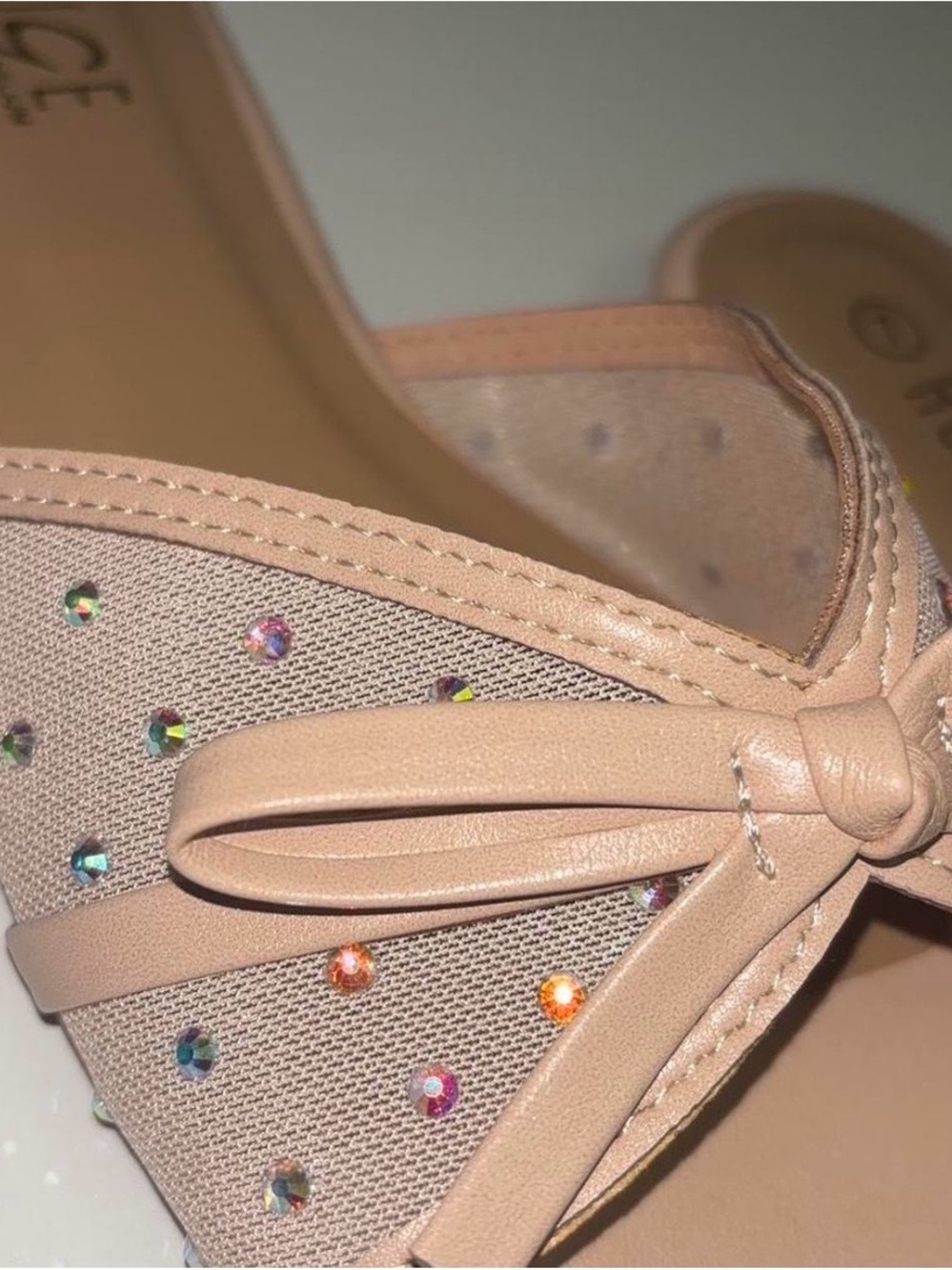 Rainbow Nude/Pink Bow Ballet Flat with Multi-Color Crystals